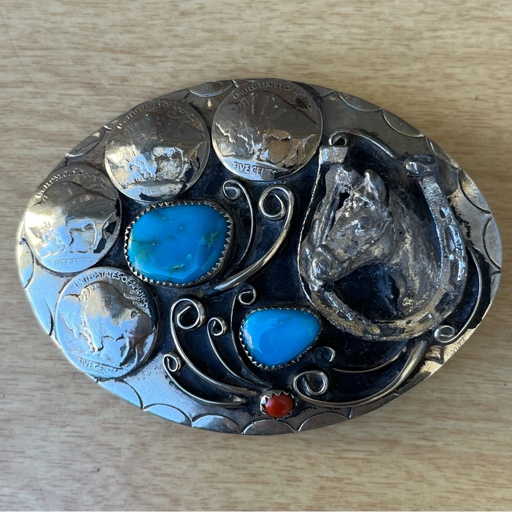 Vintage Squaw Wrap Horse Horseshoe Buffalo Nickel Turquoise & Coral Belt Buckle
